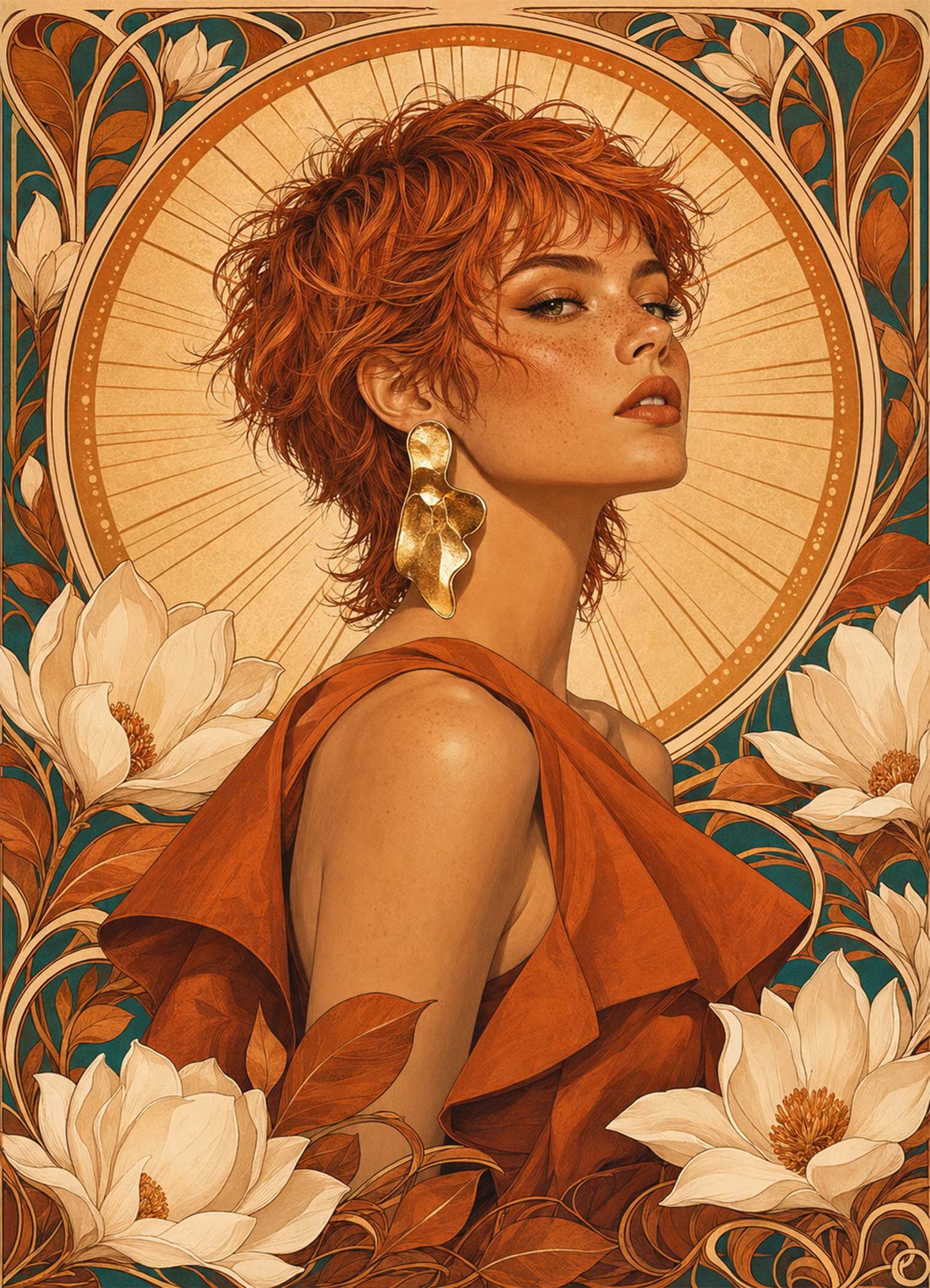 Affiche représentant un portrait féminin stylisé, entouré de fleurs généreuses et d’un halo solaire graphique. L’ensemble crée une composition forte, élégante et très décorative, avec un vrai charme rétro