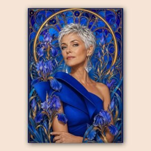 Affiche décorative avec portrait féminin, fleurs bleues et détails dorés