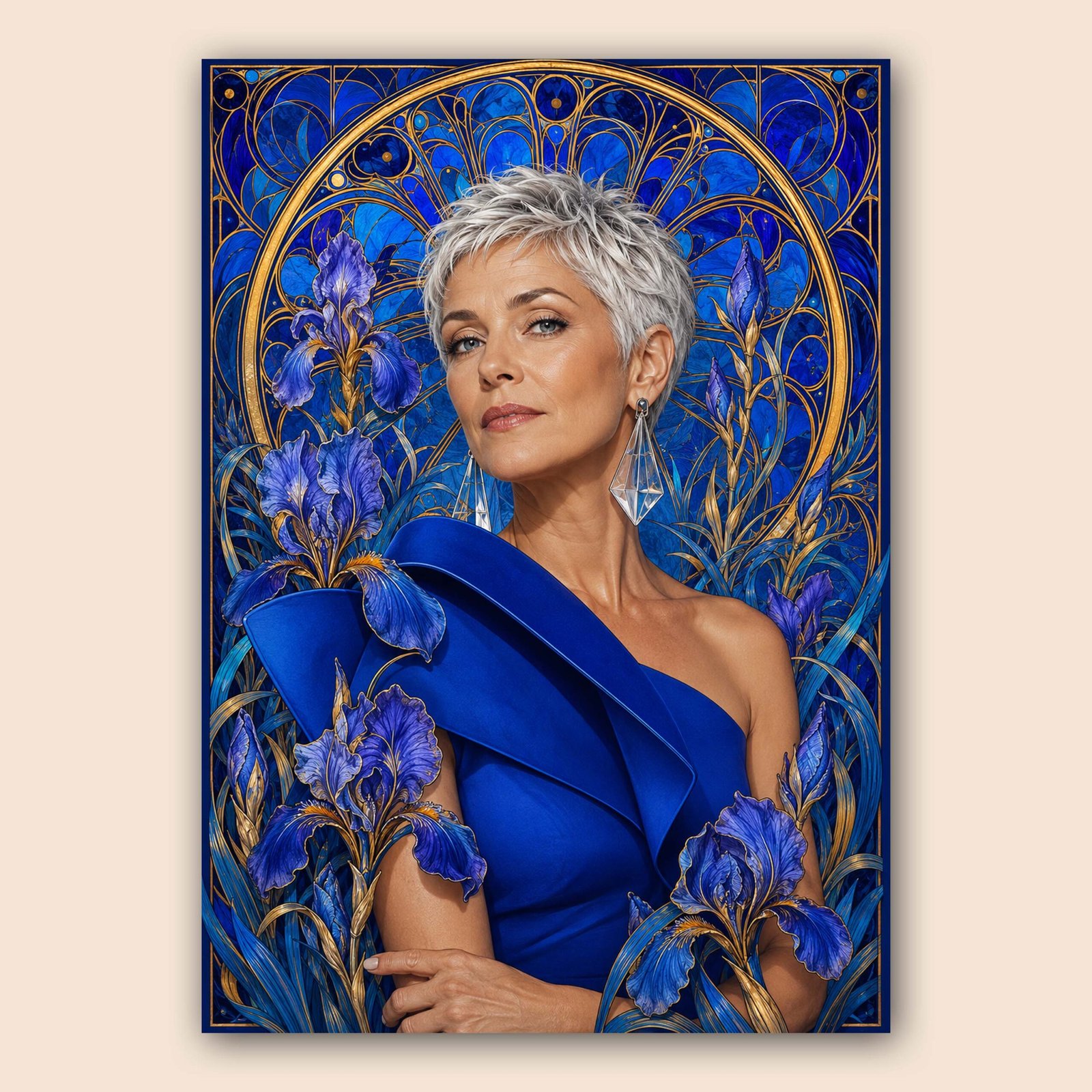 Affiche décorative avec portrait féminin, fleurs bleues et détails dorés
