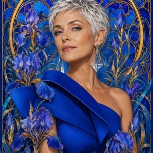 Affiche représentant un portrait féminin au regard assuré, entouré d’iris bleus et de motifs dorés finement travaillés. L’ensemble crée une composition élégante, riche en détails, qui attire immédiatement le regard