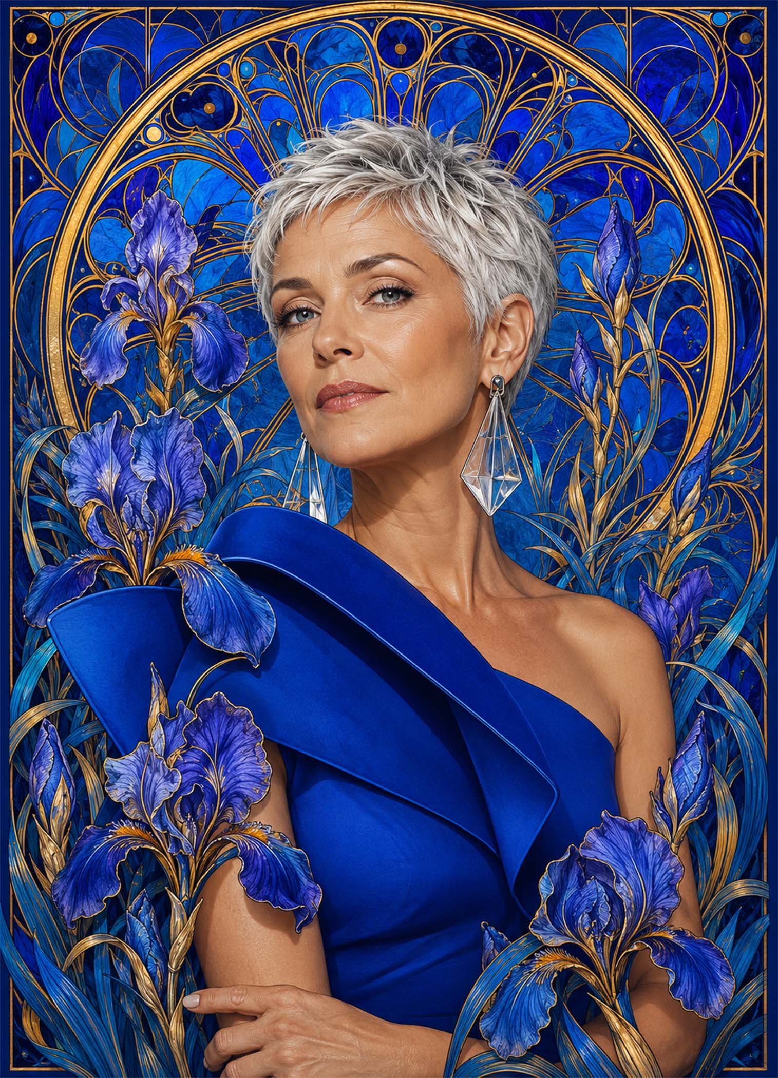 Affiche représentant un portrait féminin au regard assuré, entouré d’iris bleus et de motifs dorés finement travaillés. L’ensemble crée une composition élégante, riche en détails, qui attire immédiatement le regard