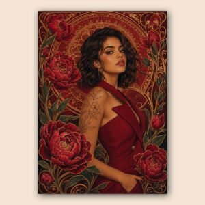 Portrait féminin en robe bordeaux avec fleurs rouges et détails dorés