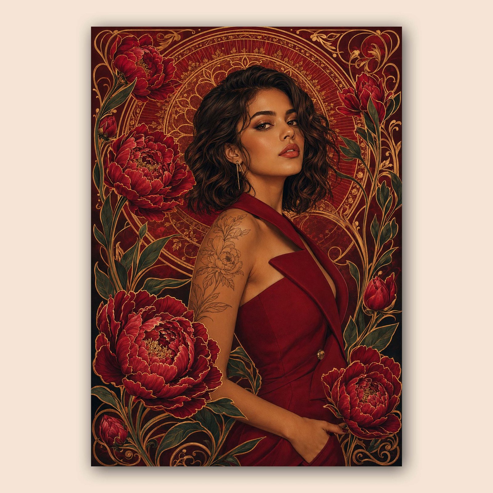 Portrait féminin en robe bordeaux avec fleurs rouges et détails dorés