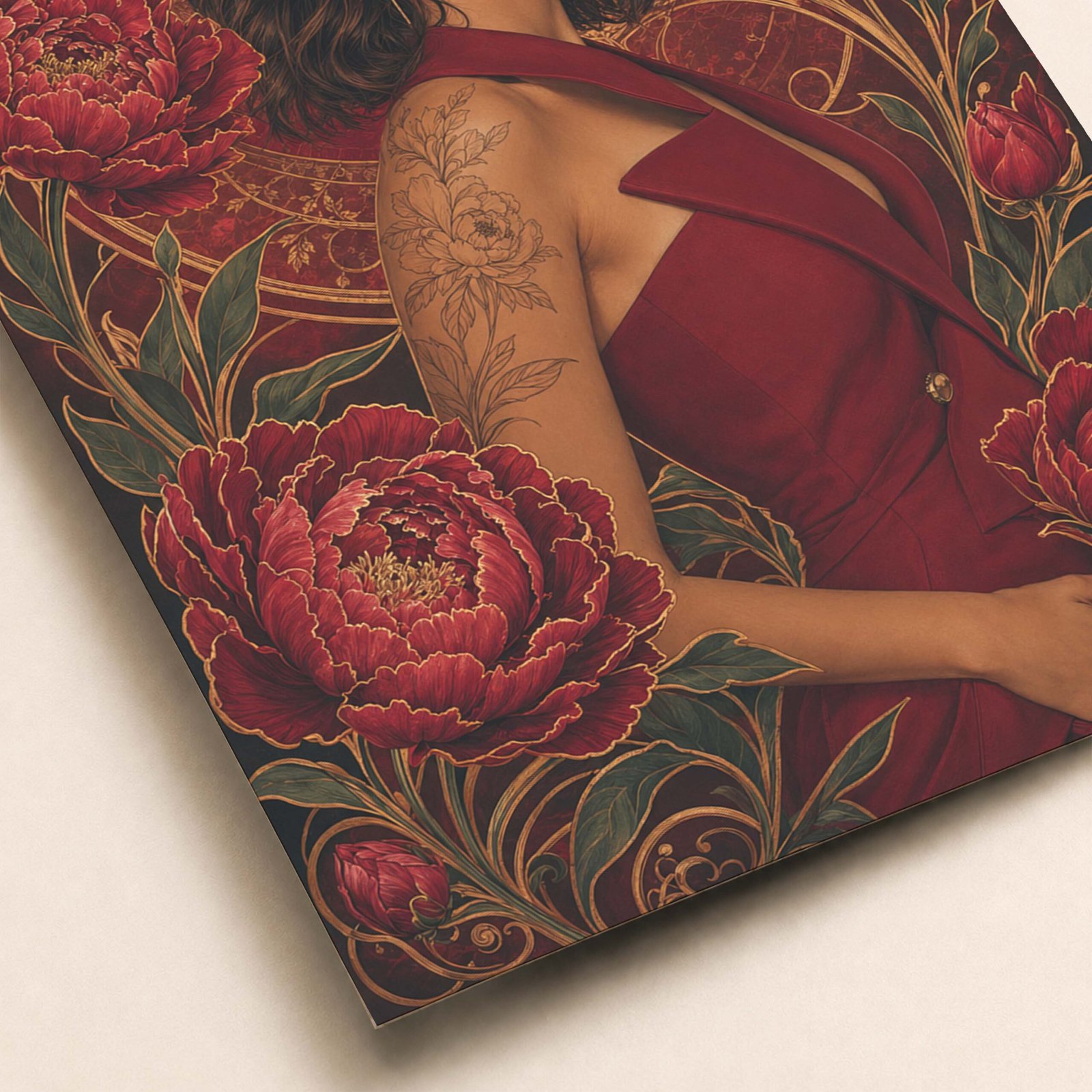 Détail du portrait féminin et des pivoines rouges