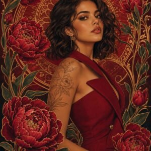 Affiche représentant une composition autour de portrait floral bordeaux