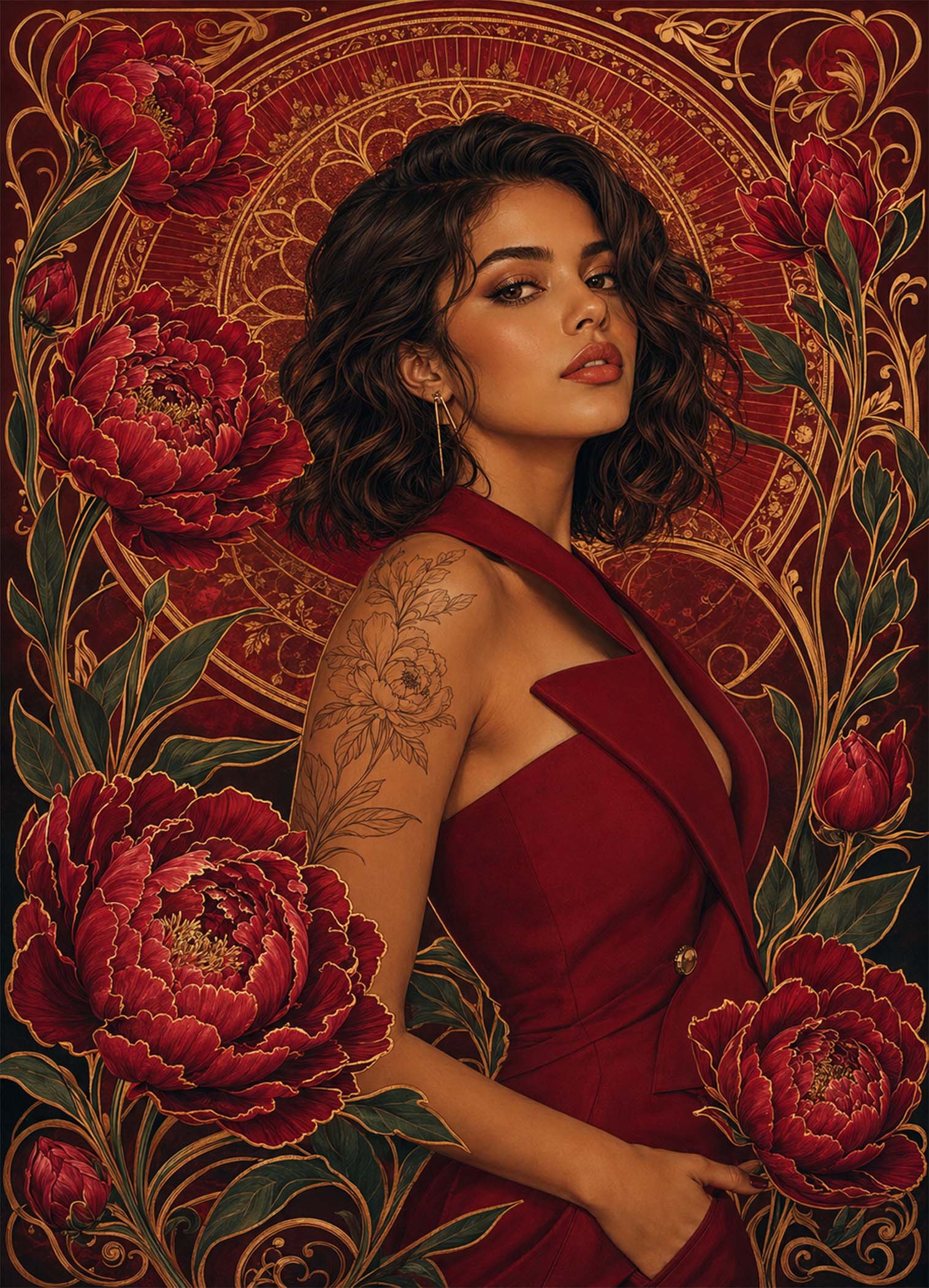 Affiche représentant une composition autour de portrait floral bordeaux