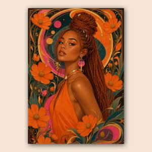 Portrait féminin floral en orange, rose et vert profond