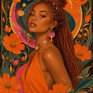 Affiche représentant un portrait féminin fort et élégant, entouré de grandes fleurs orange et de courbes graphiques qui donnent beaucoup de présence à l'ensemble