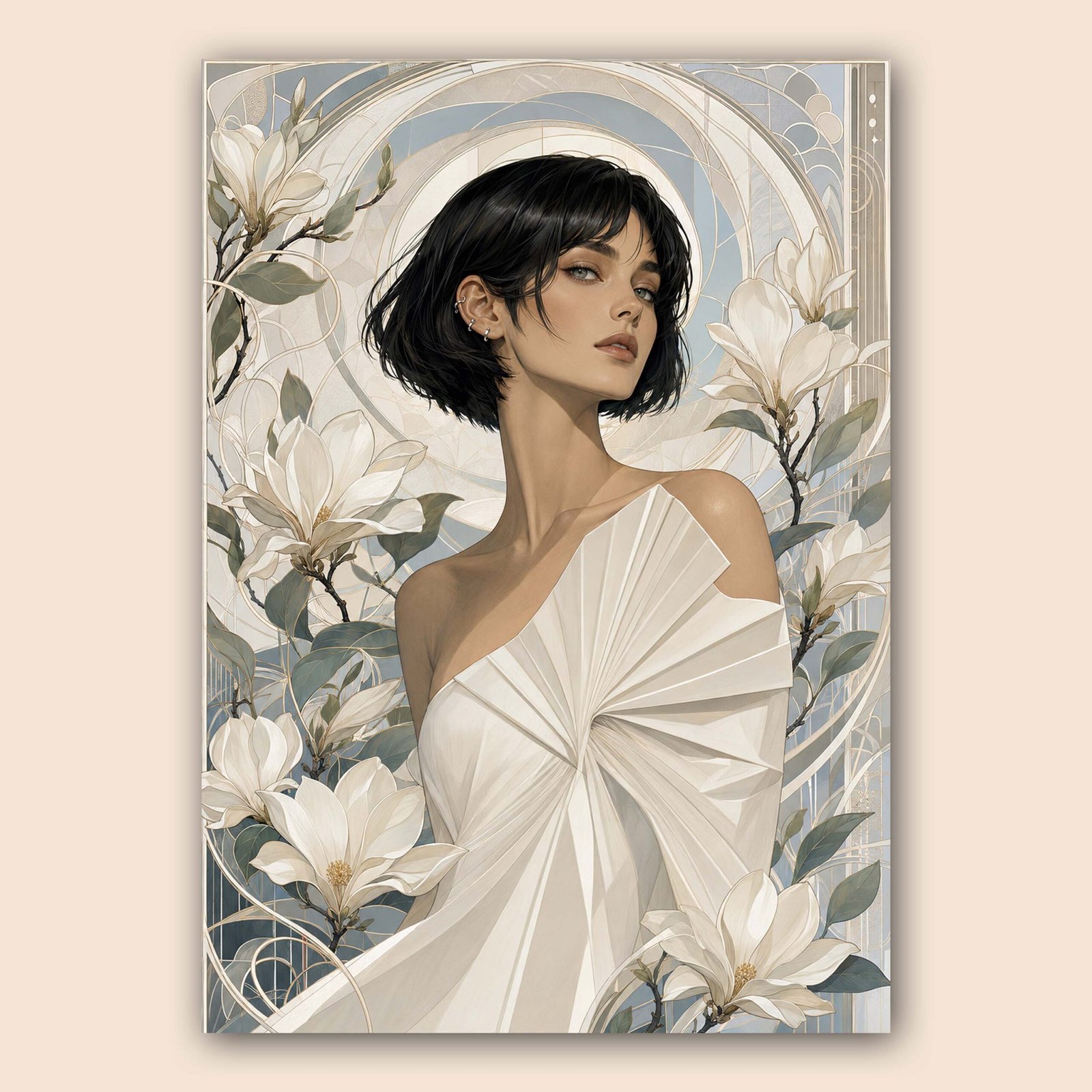 Illustration élégante d’une femme entourée de fleurs claires