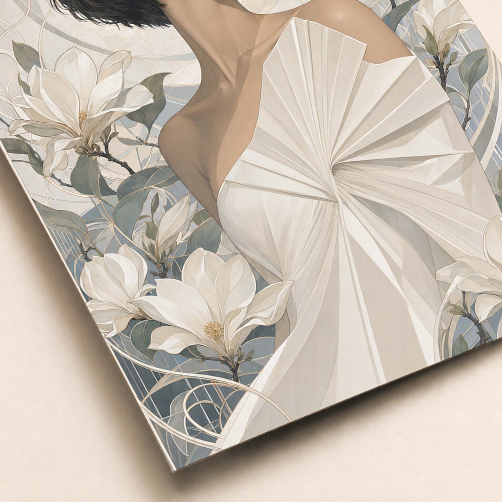 Détail du portrait féminin et des fleurs décoratives