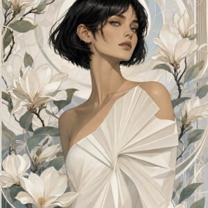 Affiche représentant un portrait féminin stylisé, entouré de grandes fleurs claires et de motifs décoratifs tout en finesse. L’ensemble crée une composition douce, élégante et très décorative