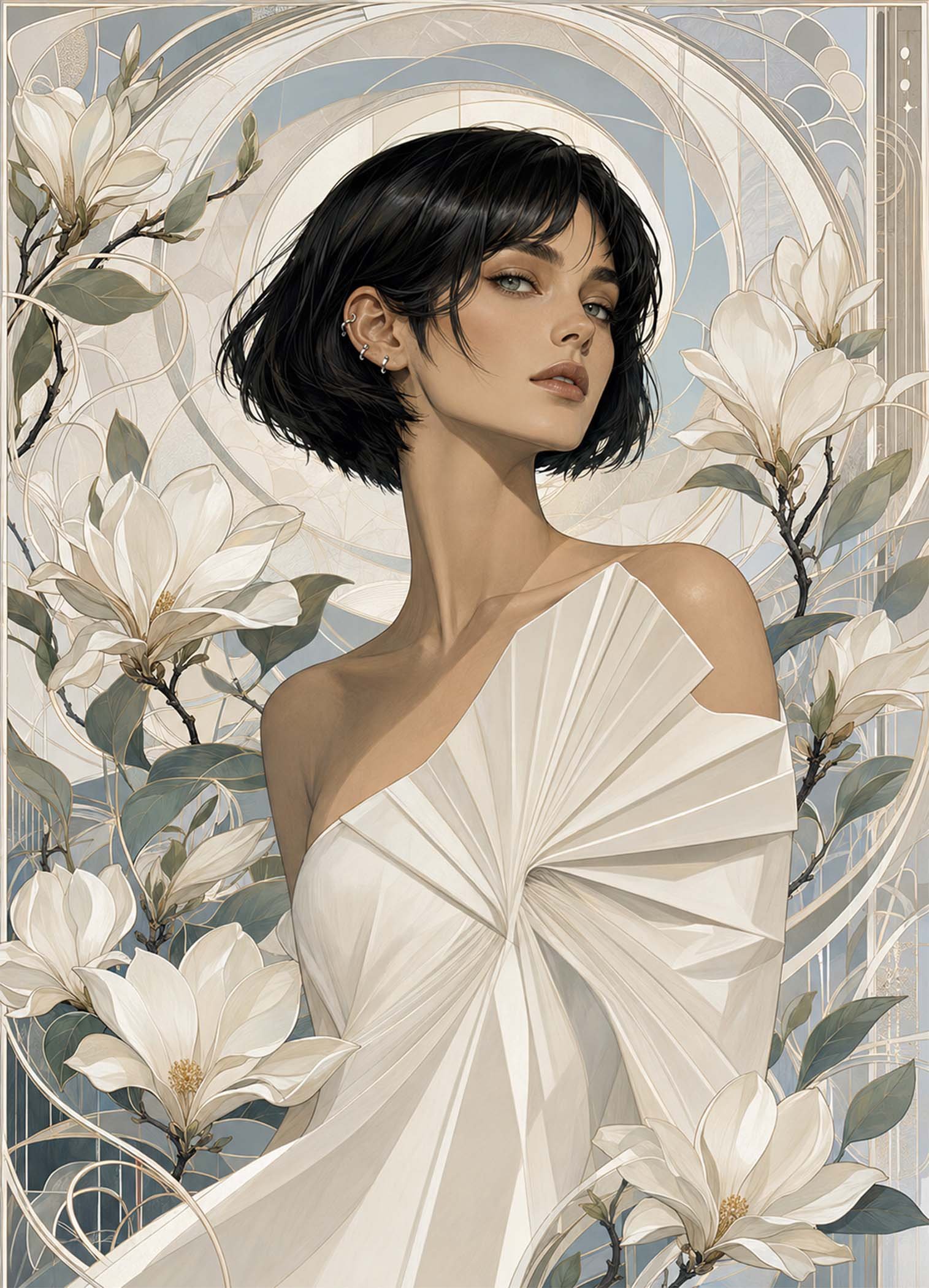 Affiche représentant un portrait féminin stylisé, entouré de grandes fleurs claires et de motifs décoratifs tout en finesse. L’ensemble crée une composition douce, élégante et très décorative