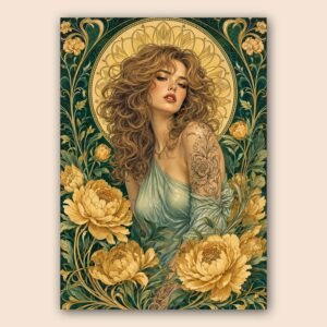 Illustration d'une femme entourée de fleurs dorées sur fond vert