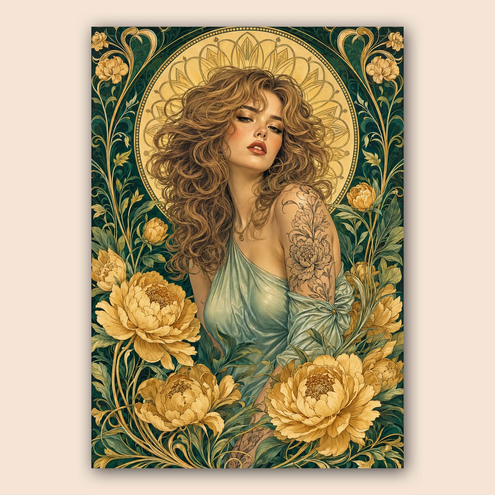 Illustration d'une femme entourée de fleurs dorées sur fond vert
