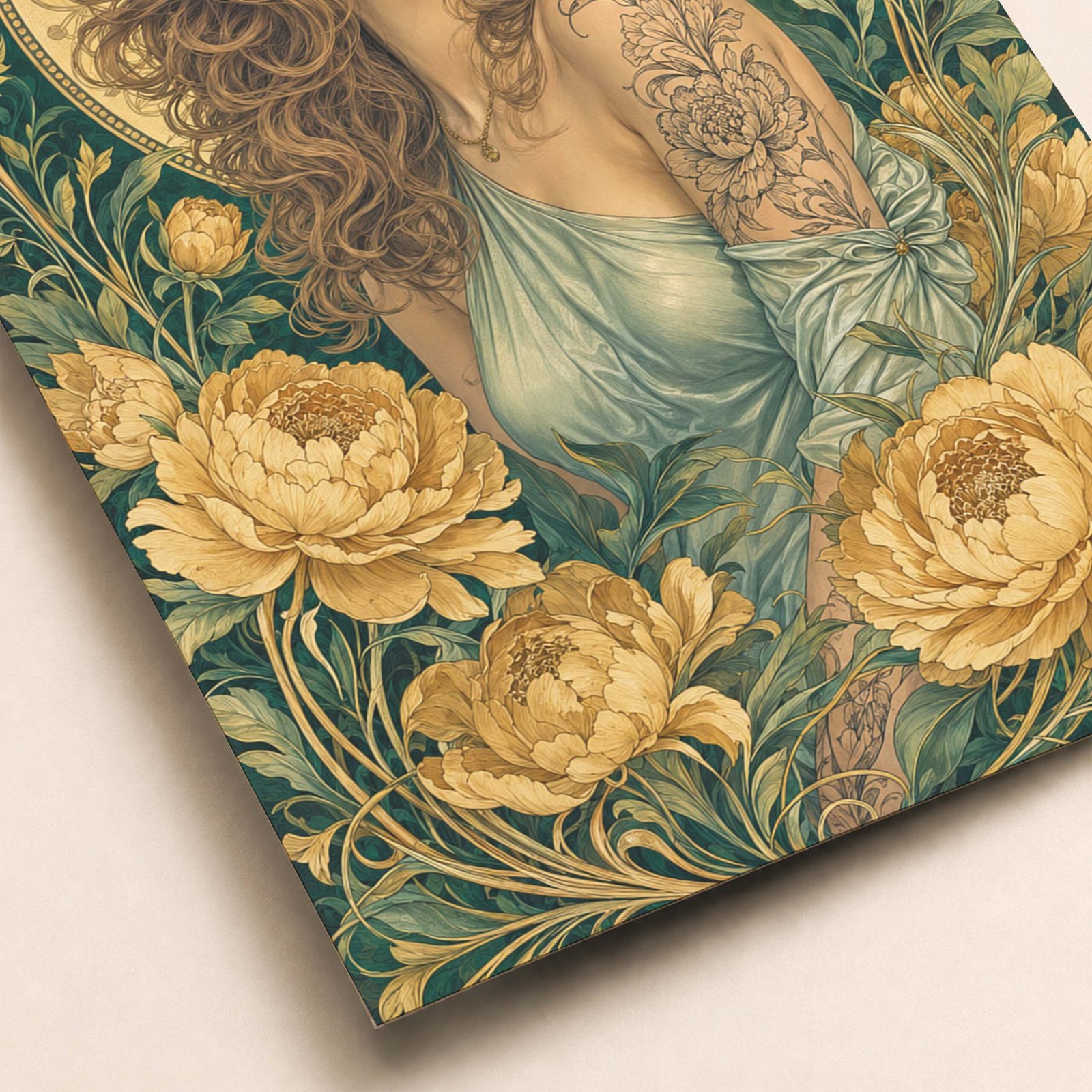 Zoom sur les détails du portrait floral et des ornements Art Nouveau