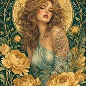 Affiche représentant un portrait féminin au charme délicat, entouré d’un décor floral généreux et ornemental. Les lignes souples, les fleurs aux tons dorés et le fond profond créent une composition élégante, presque hypnotique