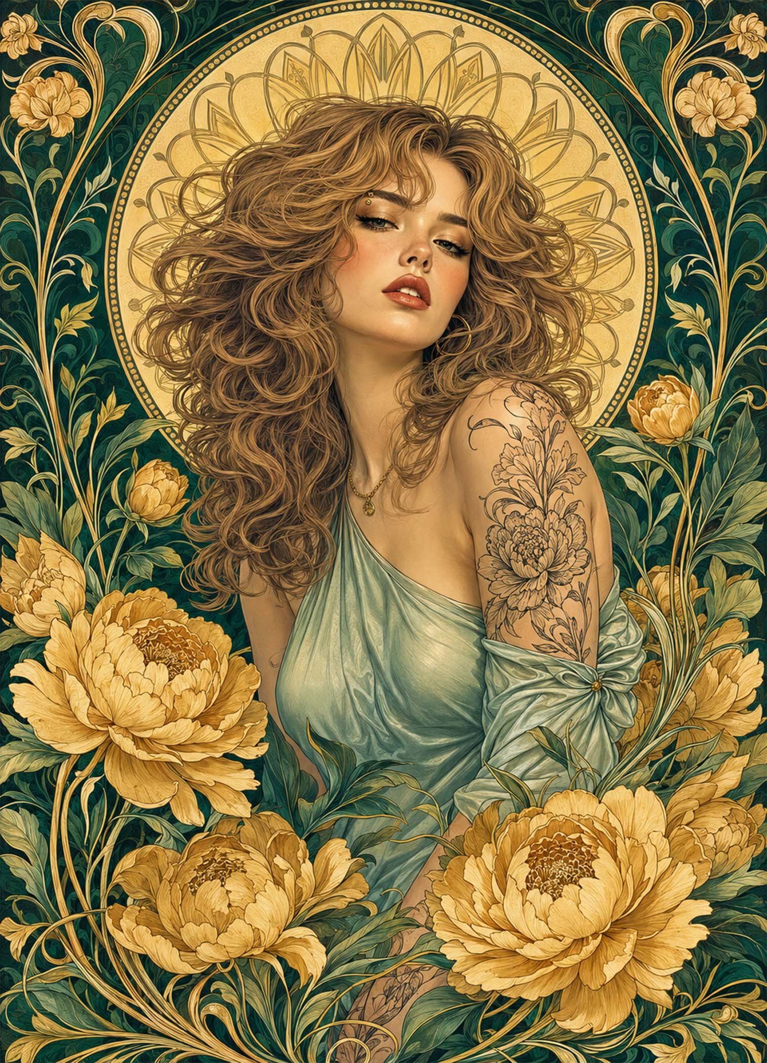 Affiche représentant un portrait féminin au charme délicat, entouré d’un décor floral généreux et ornemental. Les lignes souples, les fleurs aux tons dorés et le fond profond créent une composition élégante, presque hypnotique
