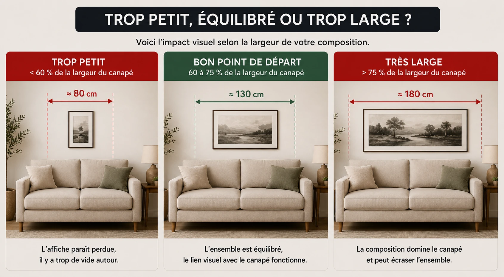 Comparaison de trois tailles d’affiches au-dessus d’un canapé