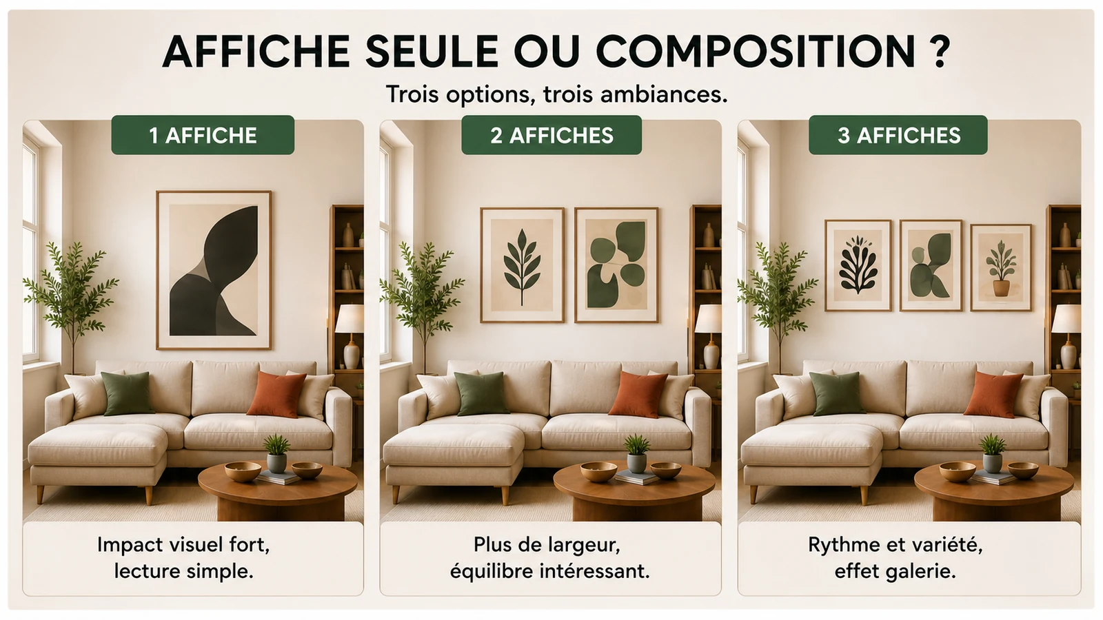 Comparaison entre une deux et trois affiches dans un salon