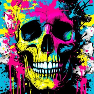 Affiche crâne street art – Rose, jaune et turquoise