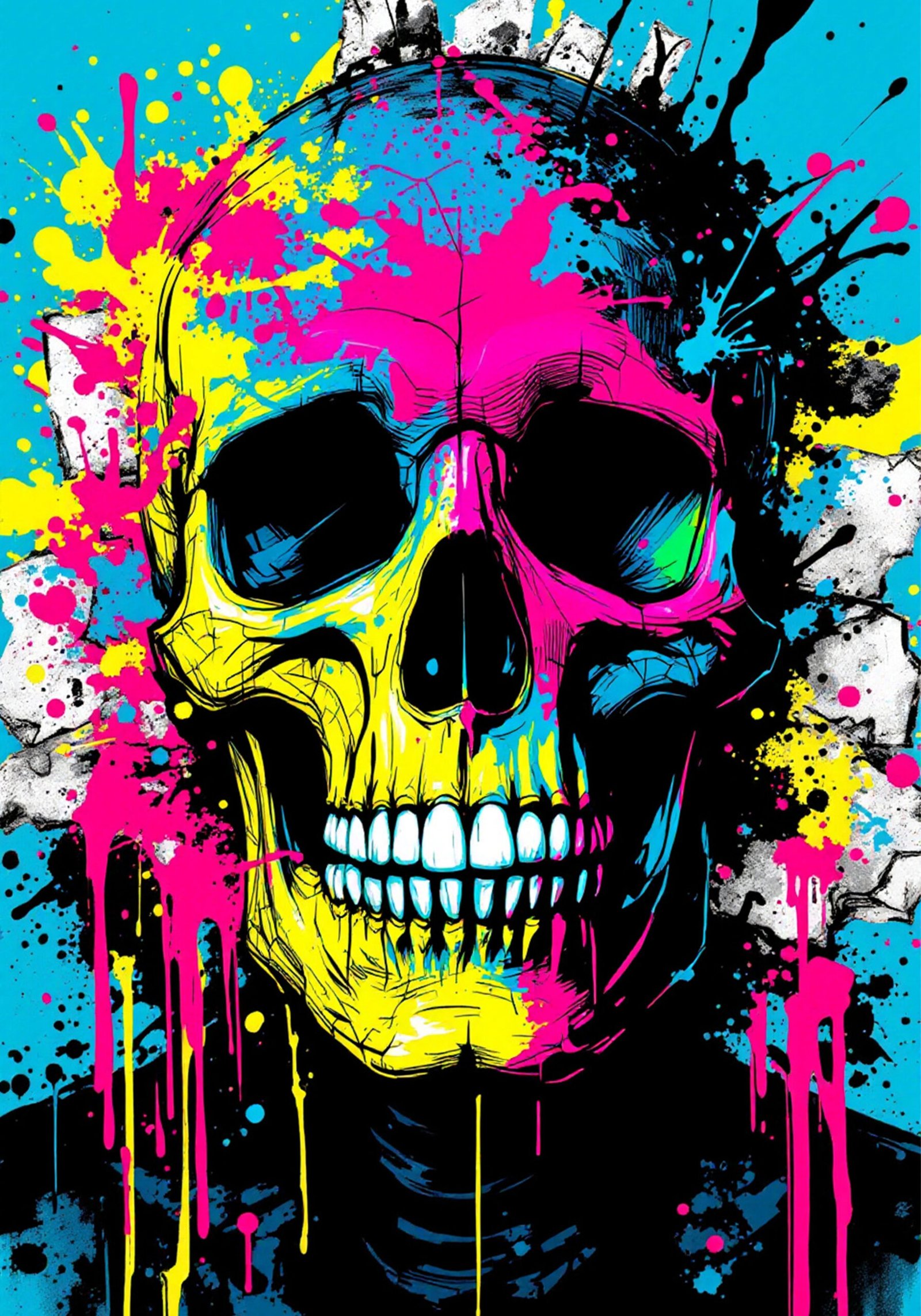Affiche crâne street art – Rose, jaune et turquoise